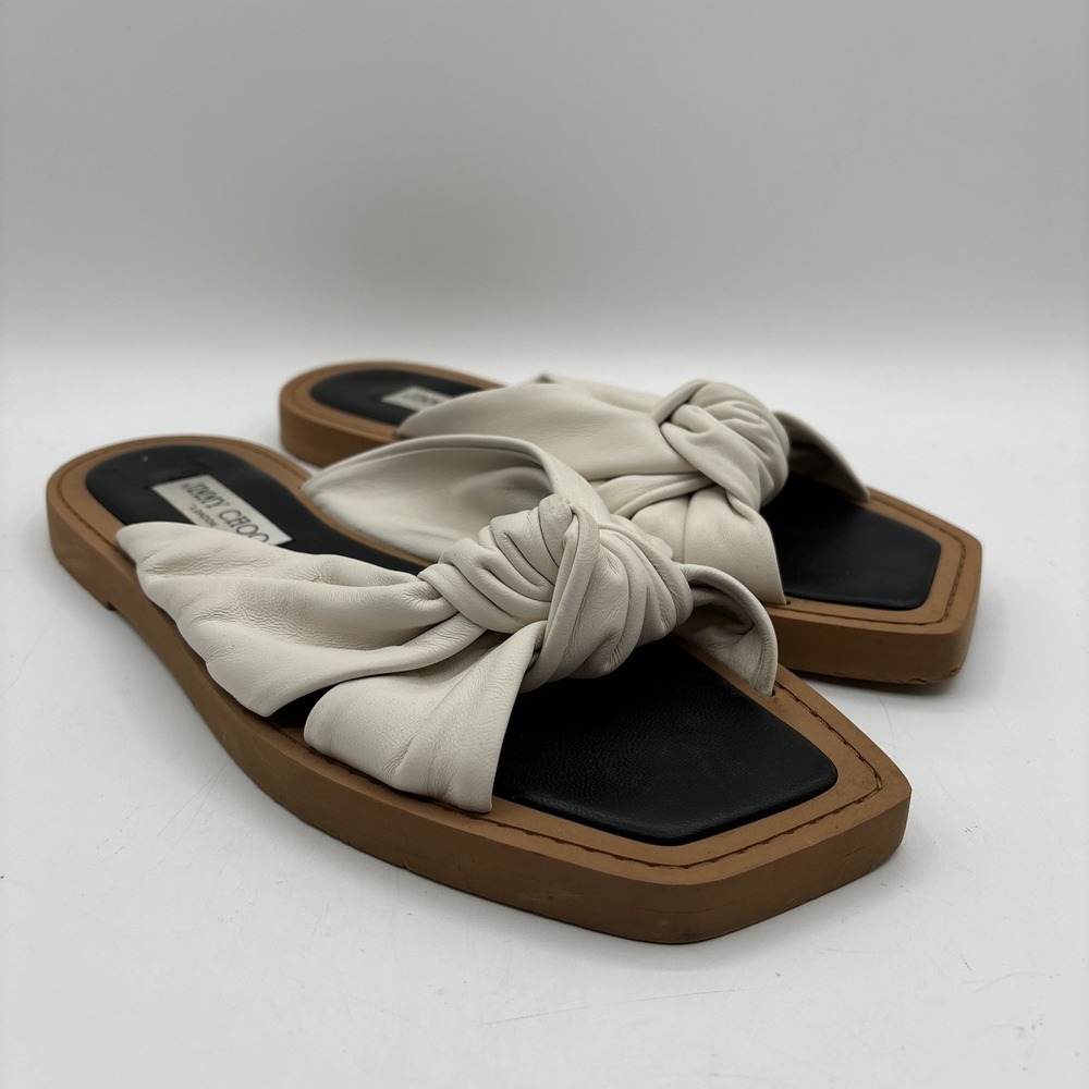 Jimmy Choo Tropica White Leather Slide Sandals Size EU 40 US 10 Knotted Leather